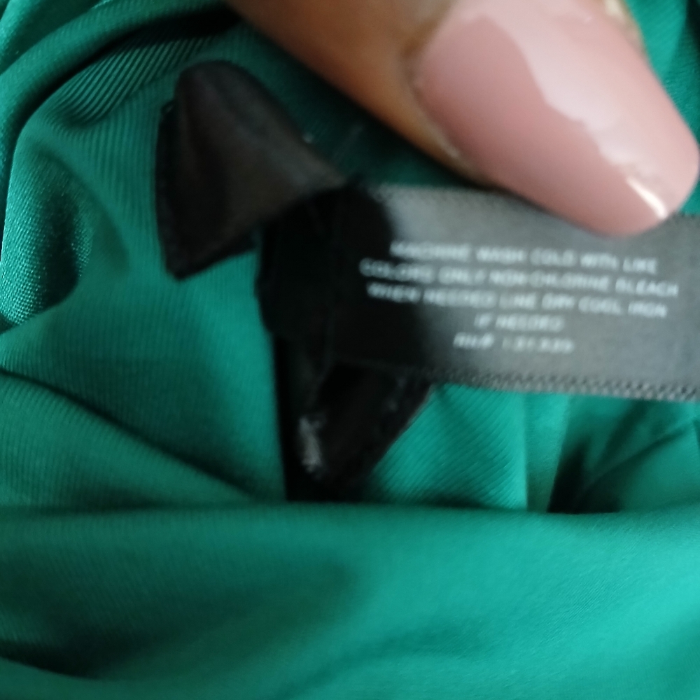 Aqua | Kelly Green Ruched Fitted Blouse with Mandarin Collar Size XL - Picture 5 of 6